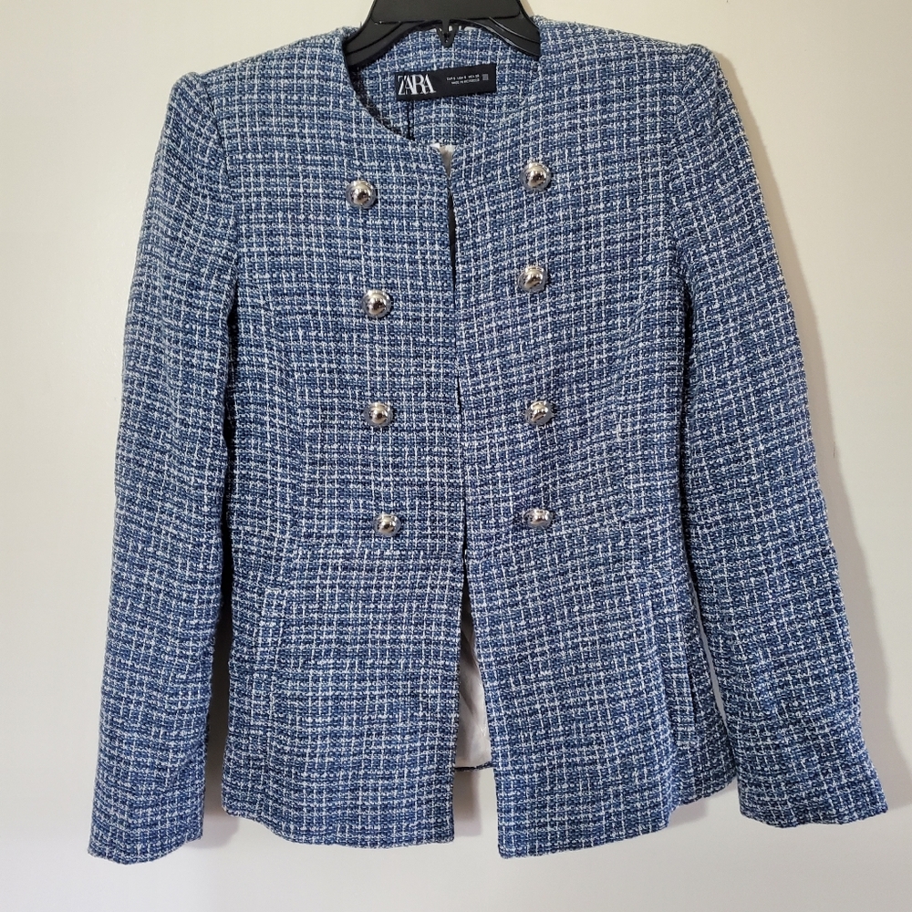 Zara Blue & White Tweed Double-Breasted Blazer